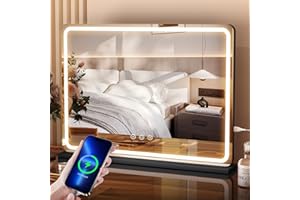 AOVQUOF Specchio trucco con luci, 80x55 cm, Grande specchio LED per toeletta con LED, 3 modalità di illuminazione, con USB e lente di ingrandimento 10x removibile, specchio a muro, specchio con luci - Nero