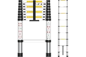 arvioo Teleskopleiter, Ausziehleiter mit 9 Sprossen, Max. Arbeitshöhe 3,4 m, Mit Klettverschluss, Leicht zu Verstauen & Transport, Klappbar, Platzsparend, Belastbar bis 150 kg (Leiterlänge 2,6 m)