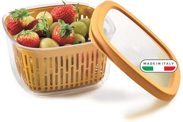 Snips Arombehållare 1,50 L, fyrkantig matförvaringsbehållare, avtagbar innerkorg, färskhetsbesparande tätning, senapsfärg, 17,5 x 17,5 x 10 cm, tillverkad i Italien