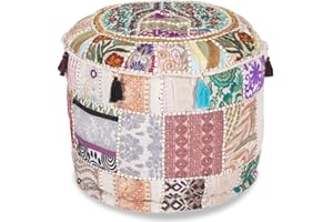 AAKRITI GALLERY Aakriti Indian Pouf Footstool with Embroidery Pouf, Indian Cotton, Pouf, Ottoman Pouf Cover with Ethnic Decor Art - Cover (White, 56x35 cms)