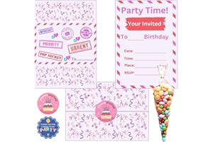 Mr Bundles - 12 Childrens Birthday Party Invitations. Kids Invites with Folding Envelope Design, Vibrant Stickers & Clear Cone Bags with Stickers (Pink)