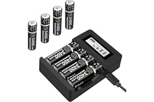 Palogreen 8 Pièces Piles AA Avec Chargeur - 1.5V/Lithium 3400mWh Batteries AA Rechargeables avec Affichage LCD Chargeurs Rapides Chargeur de Batterie 4 Slots pour Li-ion Mignon AA, Micro AAA Batteries