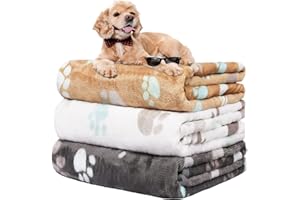 Rezutan Blankets for Dogs,3 Pack Dog Blankets for Medium,Large Dog Washable,Soft Dog Fleece Blanket,Cute Paw Print,Pet Blankets for Dog,Cat Kennel Crate Bed,106x76CM(Grey/1White/Brown)