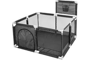 Supernic Baby Playpen Large Playpen Portable Child Safety Yard Activity Center with Basketball Hoop Toddler Fence with Breathable Mesh Extra Large Play Yard for Boys Girls Babies (Four-Plate, Black)