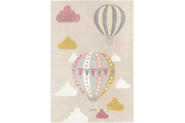 RugVista Balloon Ride Barnmatta, 100 x 160 cm, Beige/Rosa | Moderna, Barn, Rektangulär, Medellång lugg, Endast kemtvätt, Oeko-Tex 100, Utan farliga kemikalier, Barnkammare