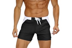 KEFITEVD Herren Boxer-Badehose mit Taschen Badeshorts Sportlich Körperbetont Schwimmhose Baden Strand Bermuda Shorts Gummibund mit Kordelzug Enge Boardshorts