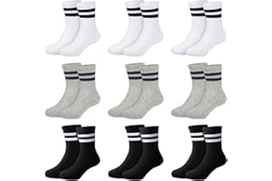 Auranso Boys Socks 9 Pairs Kids Sports Cushioned Crew Socks Girls Black White Grey Striped Cotton School Athletic Socks 2-15 Years Toddler to Junior
