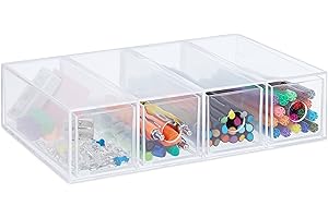 Relaxdays Schubladenbox Kunststoff, HxBxT: 6 x 25 x 17,5 cm, Hoch- & Querformat, Schubladenelement 4 Fächer, transparent