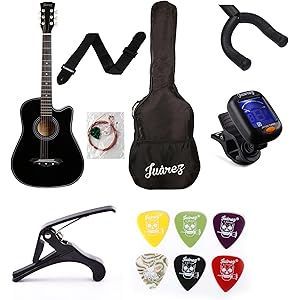 Juârez Acoustic Guitar Kit JRZ38C/BK 38” Cutaway (Black) with Bag, Strings, Strap, Pick | Combo with Capo, Wall Mount, Tuner & 6 Guitar Picks Set – Complete Beginner Guitar Package