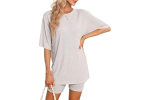 Zetieny Zweiteiler Damen Sommer Trainingsanzüge 2 Teiler Set Bluse Top + Shorts Outfits Schlafanzüge Gerippte Leicht Einfarbig Loungewear