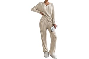 Famulily Womens Pyjamas Set Nightwear, Ladies Ribbed 2 Piece Outfits Loungewear Sets Leisure Suits Homewear V Neck Long Sleeve Jumpers and Wide Leg Trousers with Pockets