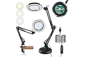 DERUAKU 10x LED Magnifying Lamp, Magnifying Glass Desk Lamp with Stand, Equipped with Base, 3 Adjustable Colour Modes, LED Magnifying Light for Electronic Repair & Reading