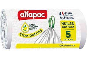 Alfapac – 25 bolsas de basura 5L con enlace deslizante para detener olores con aceites esenciales – fabricadas en Francia