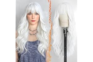 BARSDAR Longue Ondulée Perruque Blanches avec Franges, 66cm Longue Ondulée Blanche Perruque avec Franges pour Femmes Cheveux Naturel Synthétique Perruques de Cheveux Quotidiennes Cosplay