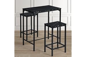 ‎BUYBYROOM buybyroom 3er Bartisch Set, Marmor Esstisch mit 2 Barhockern 80x50x90cm Bartisch mit Barhocker 30x40x65cm Küchentisch Küchenstühle, Schwarz