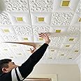 Barebeauty Foam 3D Ceiling Wallpaper For Living Room,Bedroom,Hall,Home Wall Tiles Panel,False Roof Ceiling Self-Adhesive Stickers(70 X 70 Cm)(1 Pc,Whitegold)