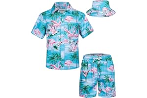 TUNEVUSE Little & Big Boys Hawaiian Button Down Shirts and Short Sets with Bucket Hat Summer Outfits Printed Kids Cabana Set