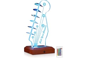 CoolGift Mart Luminous Guitar Pick Holder, Acrylic Wooden Electric Guitar Headstock Shaped Pick Holder with 16 Colour Lights for Picks Storage and Display, Gift for Guitarists