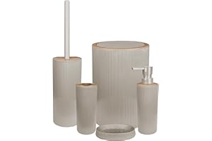 ILGRUPPONE Set Completo Accessori Bagno 5 Pezzi Design Moderno In Plastica Incluso Cestino Pattumiera,Dispenser Sapone Portascopino Con Scopino Incluso,PortaSaponetta,Porta Spazzolini - Beige