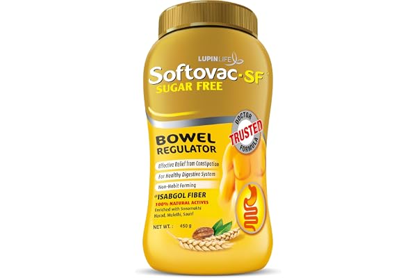 Softovac-SF Isabgol Fiber Plus+ Formula 450g Sugar free Psyllium Husk + Natural Actives Complete Relief from Constipation, Gentle on Stomach - Natural Bowel Regulator for Adults