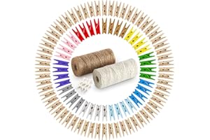 ABSOFINE 200 Wäscheklammern Holz mit 120M Garten Kordel 10 Stück Non-Trace Haken bunt Holzwäscheklammern 3,5cm Kordel Schnur Weiß Natur Juteschnur für Fotos Garten Fotowand Verpackung Gastgeschenk