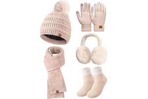 Svanco Gorro Bufanda Guantes Set Mujeres Invierno Cálido 5 Piezas Set Pom Pom Sombrero con Forro Polar Bufanda de Punto Largo Guantes Pantalla Táctil Orejeras Calcetín 5 en 1 Set Térmico Para Señoras
