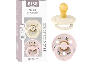 BIBS Colour Studio Soother 2-Pack, BPA Free Dummy Pacifier, Round Nipple. Natural Rubber Latex, Made in Denmark, Size 1 (0-6 Months), Ivory/Petal
