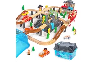 WOODENFUN 100Pcs Wooden Train Set for 3 Year Old Boys, Double-Side Train Set Tracks with Bridge Train Station & Storage Box, Fits Brio, Thomas, Melissa and Doug, Kids Gift Toys for Boy 3-7