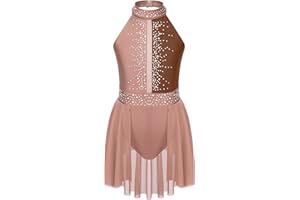 dPois Kids Girls Rhinestone Ice Skating Dress Halter Neck Hollow Back Leotard Figure Skating Competition Costume