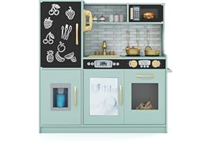 RELAX4LIFE Cucina Giocattolo per Bambini, Gioco Cucina in Legno con Frigo con Lavagna, Microonde, Forno, Macchina per il Ghiaccio, Mini Cucina per Bambini 3-6 Anni (Verde, 82 x 24 x 80 cm)