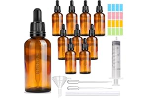 CafullCon 10 Stück 50ml Pipettenflasche, Wiederverwendbar Anti-UV Flasche mit Pipette, Braunglasflasche mit Trichter Spritze Katheter Tropfer Aufkleber, Apothekerflasche für Ätherische Öle Parfümöle