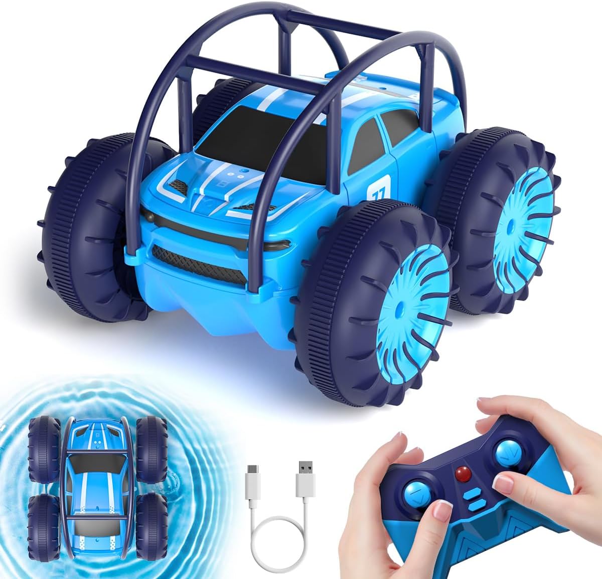 MaxTronic Coche Teledirigido de Carga Directa para Niños - Coche RC Anfibio 2.4G 360° - 15KM/H - 4WD - Coche de Acrobacias Todoterreno con LED Ajustable - Niños y Niñas de 3-12 Años