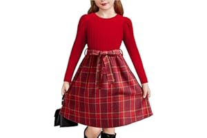 Arshiner Vestito a Maniche Lunghe a Sbuffo, Maglia a Coste, Patchwork a Quadri, Vestito da Principessa per Le Feste, Vestitos Autunnali e Invernali con Tasche per Ragazza dai 4 ai 14 Anni