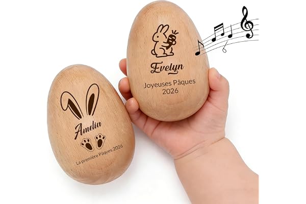 QSZ Œuf de Pâques Musical Personnalisé 2026 Personnalisable avec Nom œufs Pâques Bois Personnalisés Cadeau Pâques Garniture pour Panier Décoration (Œufs de Pâques personnalisés)