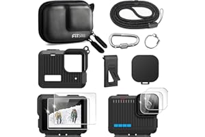 FiTSTILL Custodia in poliuretano con custodia in silicone con protezione in gomma per GoPro Hero 4K, sostituisce la copertura laterale della batteria, copriobiettivo, cordino e pellicole protettive