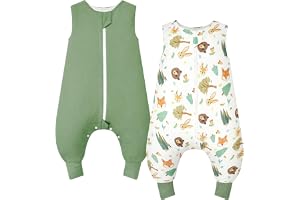 WYTbaby Sovsäck Med Fötter 1,0 Tog 2-Pack - 100% Bomull Ärmlös Året Runt Med Ben för Pojkar Och Flickor, Skogsdjur Ljusgrön 9