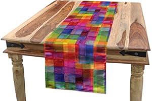 ABAKUHAUS Abstrakt Tischläufer, Regenbogen-Farben-Quadrate, Esszimmer Küche Rechteckiger Dekorativer Tischläufer, 40 x 225 cm, Rot Rosa