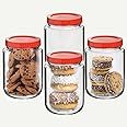 Vency Thick Glass Round Shape Transparent Glass Jars & Containers For Kitchen Storage With Red Color Plastic Lid (Set Of 4) (1000Ml Round Red Cap)