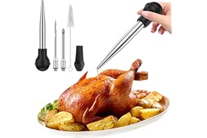 ALONGEN Turkey Baster Set of 4 ,Stainless Steel Turkey Baster Syringe with Cleaning Brush Meat Marinade Injector with 2 Needles and Detachable Silicone Round Bulb Meat Baster for BBQ Grill Baking Kitchen Cook