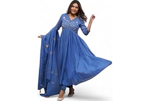 RANGMAHAL STORE RangMahal Damen Indische Stickerei und Sequenz Heavy Work Kurta Hose mit Pinseldruck Dupatta Set