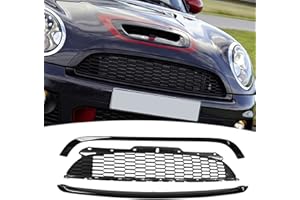 OREQ Frontstoßstangengrill, 3 teiliges Mesh Front Obergrill Grill Set, Ersatz für R55 R56 R57 R58 R59 S JCW, Glänzendes Schwarzes Wabengitter in der Mitte der Frontstoßstange