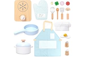 UMU drewniany zestaw kuchenny dla dzieci z naczyniami, garnkami, patelniami, fartuchami, żywnością