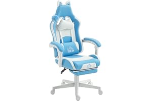 HOMCOM Sedia Gaming Ergonomica con Orecchie da Gatto, Poltrona Gaming Ufficio Reclinabile in Finta Pelle con Poggiapiedi, Poggiatesta e Altezza Regolabile, Supporto Lombare e Cervicale, Azzurro