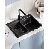 Sofetiy Granite Black Sink With Drainer 60&times;45cm | Black Sink on Countertop, Granite Rectangular, with 2 Holes for Taps, Easy