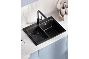 Sofetiy Lavello nero granito 60 x 45 cm, lavello nero, lavandino da cucina, grande lavello da cucina in granito, moderno lavello da incasso, rettangolare, singolo con 2 fori per rubinetto, 1 vasca