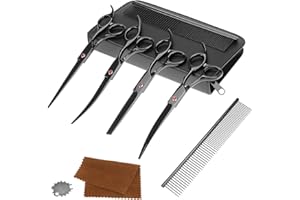 QWORK® Ensemble de Ciseaux Toilettage Chien, 5 EN 1, 7 Pouces, Ciseaux Amincissants, Droits et Incurvés, Peigne de Toilettage, pour Chiens et Chats