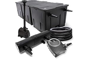 WilTec Kit Complet: CBF-350C Filtre de Bassin jusqu'à 90000 L, NEO10000 Pompe de Filtration 10000l/h 80W, CUV-224 Lampe UV 24W, 25m Tuyau 25 mm, HJ-943 Fontaine 800l/h 16W