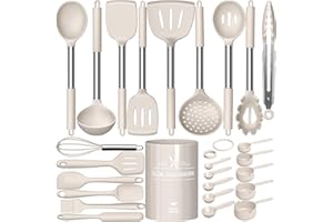 TERLULU Set di utensili da cucina, 26 pezzi, in silicone, resistenti al calore, con porta utensili, set di utensili da cucina antiaderente con manico in acciaio inox, lavabile in lavastoviglie, colore: cachi