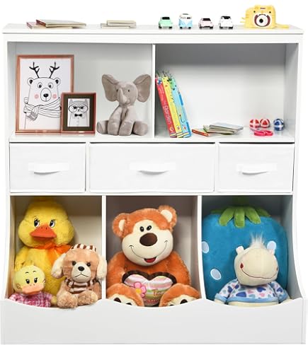 Organizzatore Giocattoli Bambini 5 Cubi Con Ceste | Libreria In Legno MDF Grigio 77x35x94 Cm | Per Camera Bambini