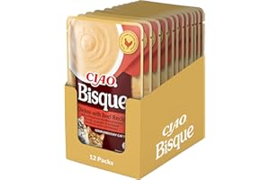 INABA Ciao Bisque mokra karma dla kotów z 28% kurczaka i 86% wilgoci, bez zbóż, bez cukru, bez produktów ubocznych, kremowa pasta i pyszna zupa dla kotów z Japonii, 40 g (12 sztuk)